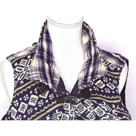 Lucky Brand Knit Sweater Flannel Plaid Lined Padded Vest Conical Buttons Large - Picture 4 of 11